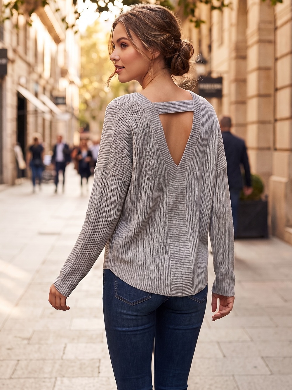 Ginger G Light Gray Open-back Weave Knit Top